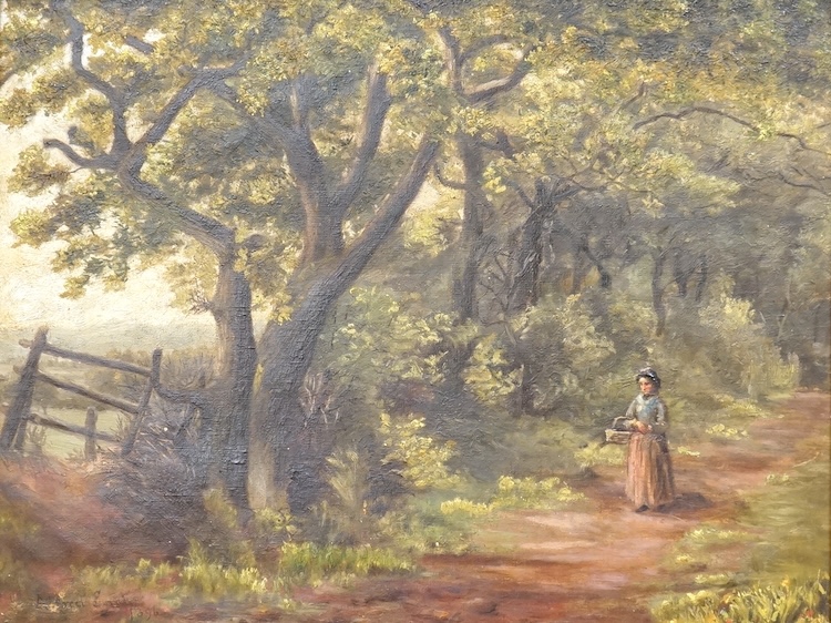 Sir Alfred East (1844-1913), figure on a pathway, signed and dated 1896, oil on canvas, gilt framed, 32 x 42cm